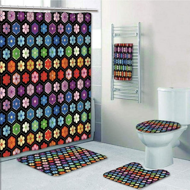 Blossom Vibrant Flower Shower Curtain Bathroom Toilet Seat Lid Cover Mat Set